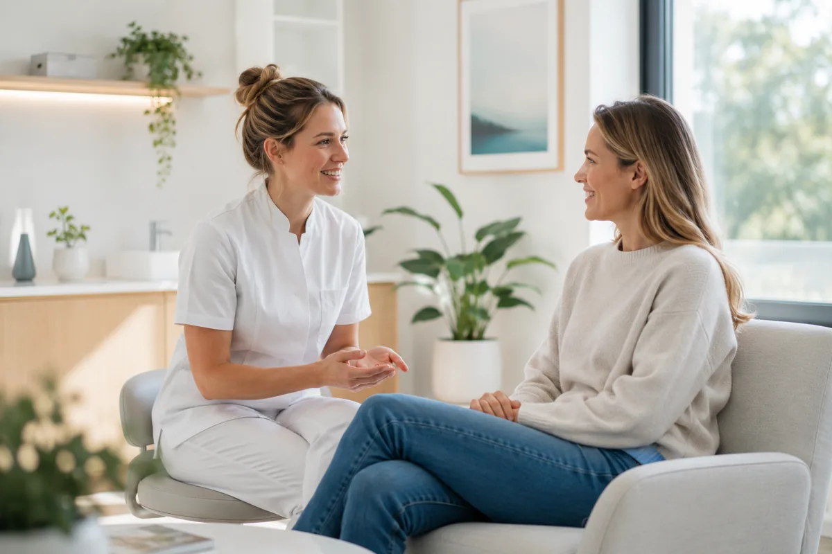 Een zorgverlener in gesprek met een patiënt bij een aangesloten kliniek