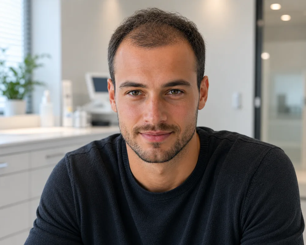 Een man met vol, gezond haar na een haartransplantatie