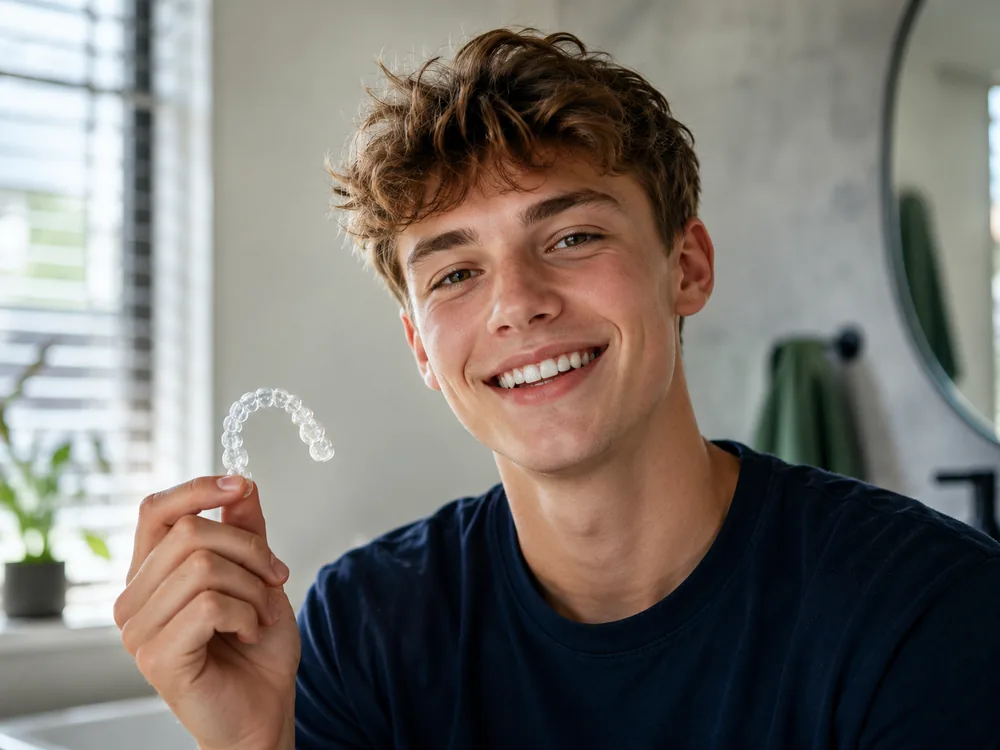 Een jonge patiënt met een onzichtbare beugel bij de tandarts